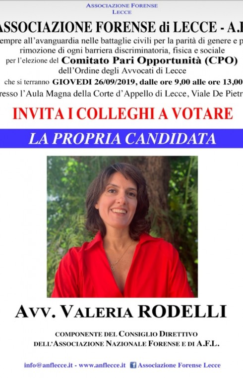 AFL è presente anche per il prossimo  quadriennio con l'avv. Valeria Rodelli  nel Comitato Pari Opportunità presso l'Ordine degli Avvocati di Lecce 